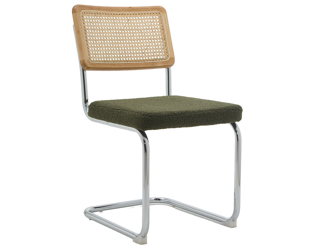 Lot de 2 chaises Damiano - tissu bouclette, dossier cannage et pieds effet chromé