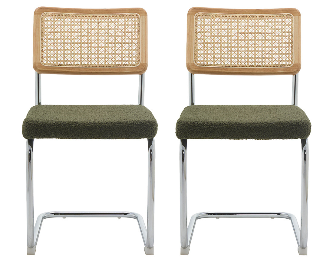 Lot de 2 chaises Damiano - tissu bouclette, dossier cannage et pieds effet chromé