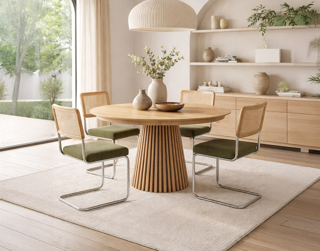 Lot de 2 chaises Damiano - tissu bouclette, dossier cannage et pieds effet chromé