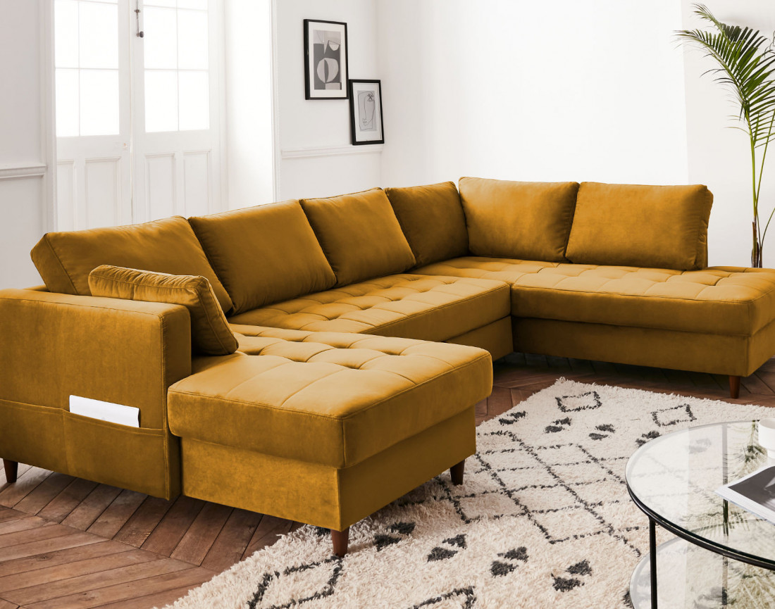 Canapé panoramique d'angle droit 7 places convertible avec coffre en velours Anna