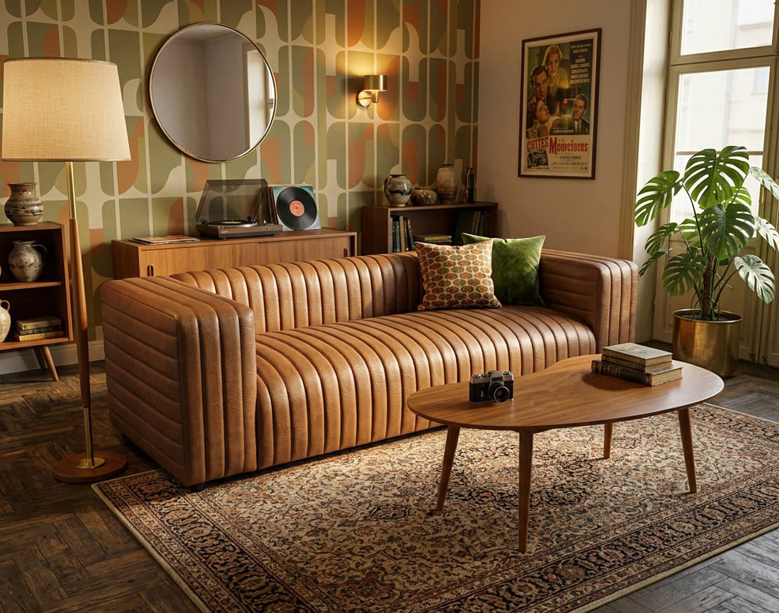 Canapé droit 3 places simili strié Igor | Design vintage & industriel