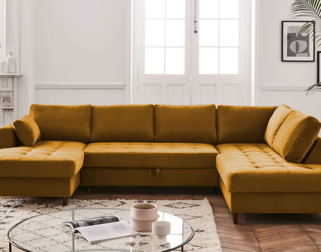 Canapé panoramique d'angle droit 7 places convertible avec coffre en velours Anna