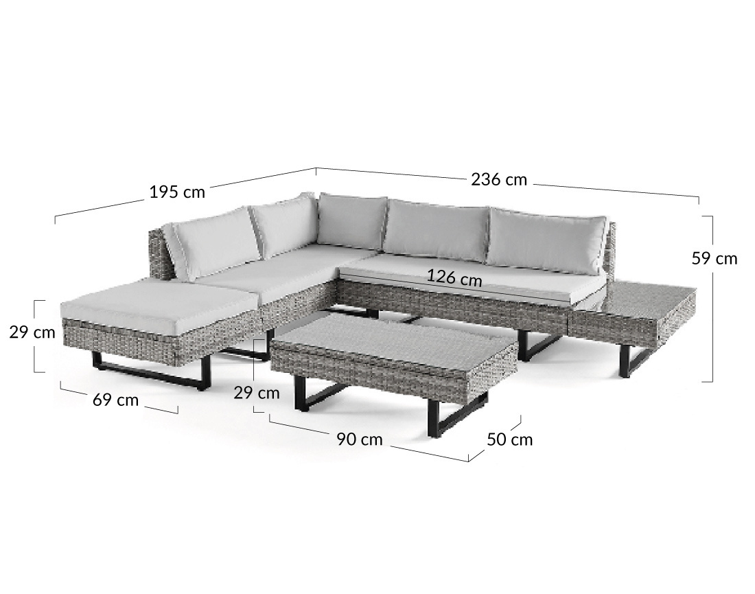 Salon de jardin d’angle en résine beige et grise 5 places coussins gris clair et table incluse Sashi