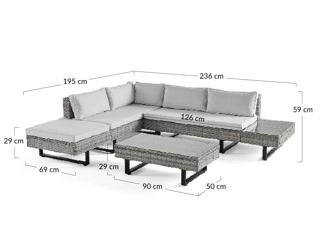 Salon de jardin d’angle en résine beige et grise 5 places coussins gris clair et table incluse Sashi