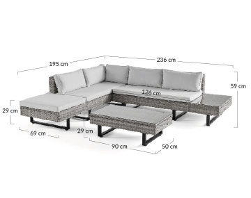 Salon de jardin d’angle en résine beige et grise 5 places coussins gris clair et table incluse Sashi