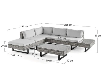 Salon de jardin d’angle en résine beige et grise 5 places coussins gris clair et table incluse Sashi