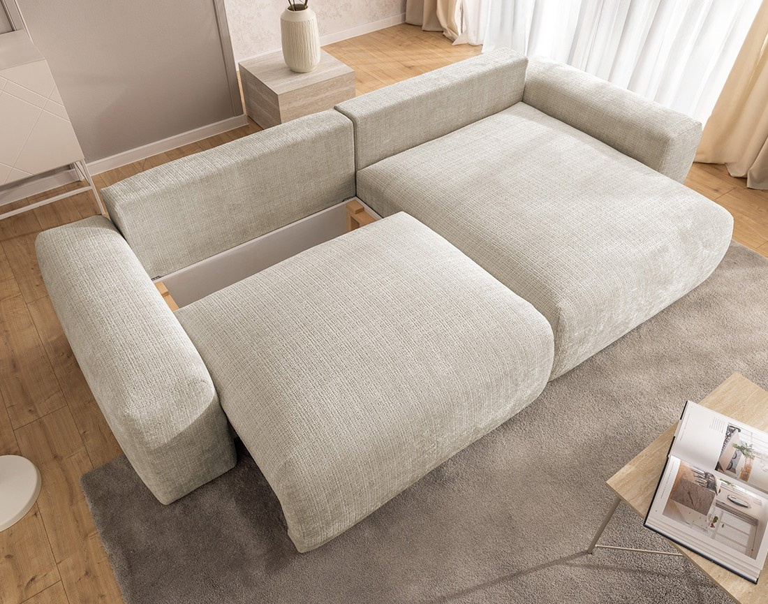 Canapé d'angle réversible 4 places convertible avec coffre en velours texturé Constance