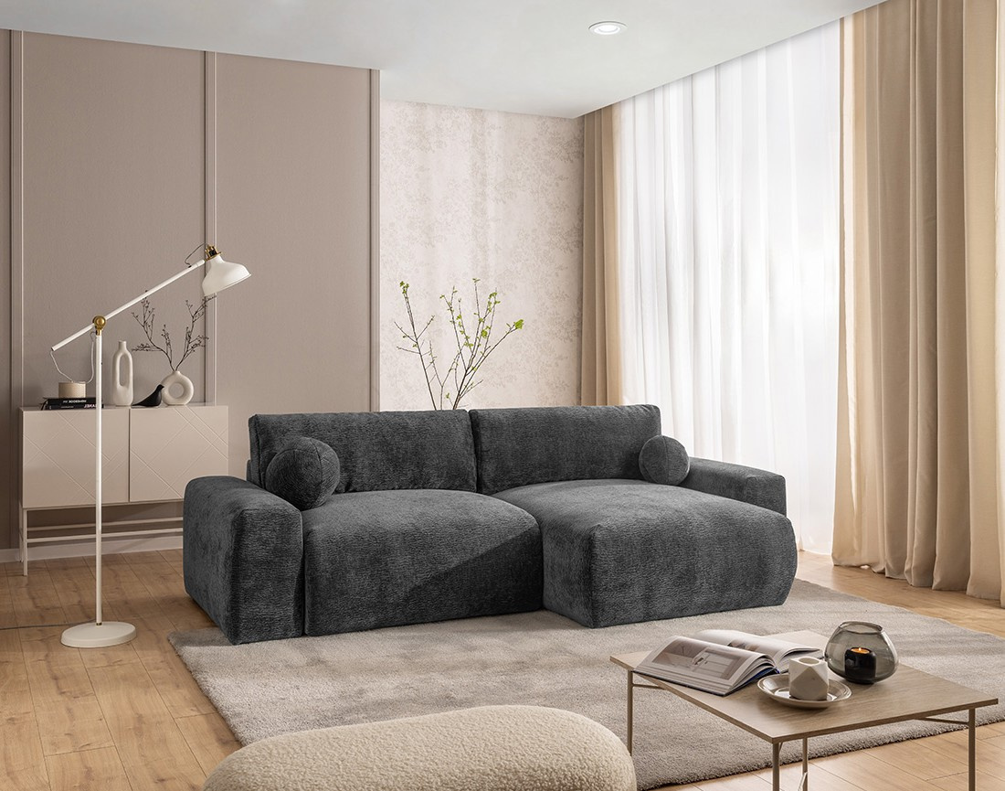 Canapé d'angle réversible 4 places convertible avec coffre en velours relief Constance