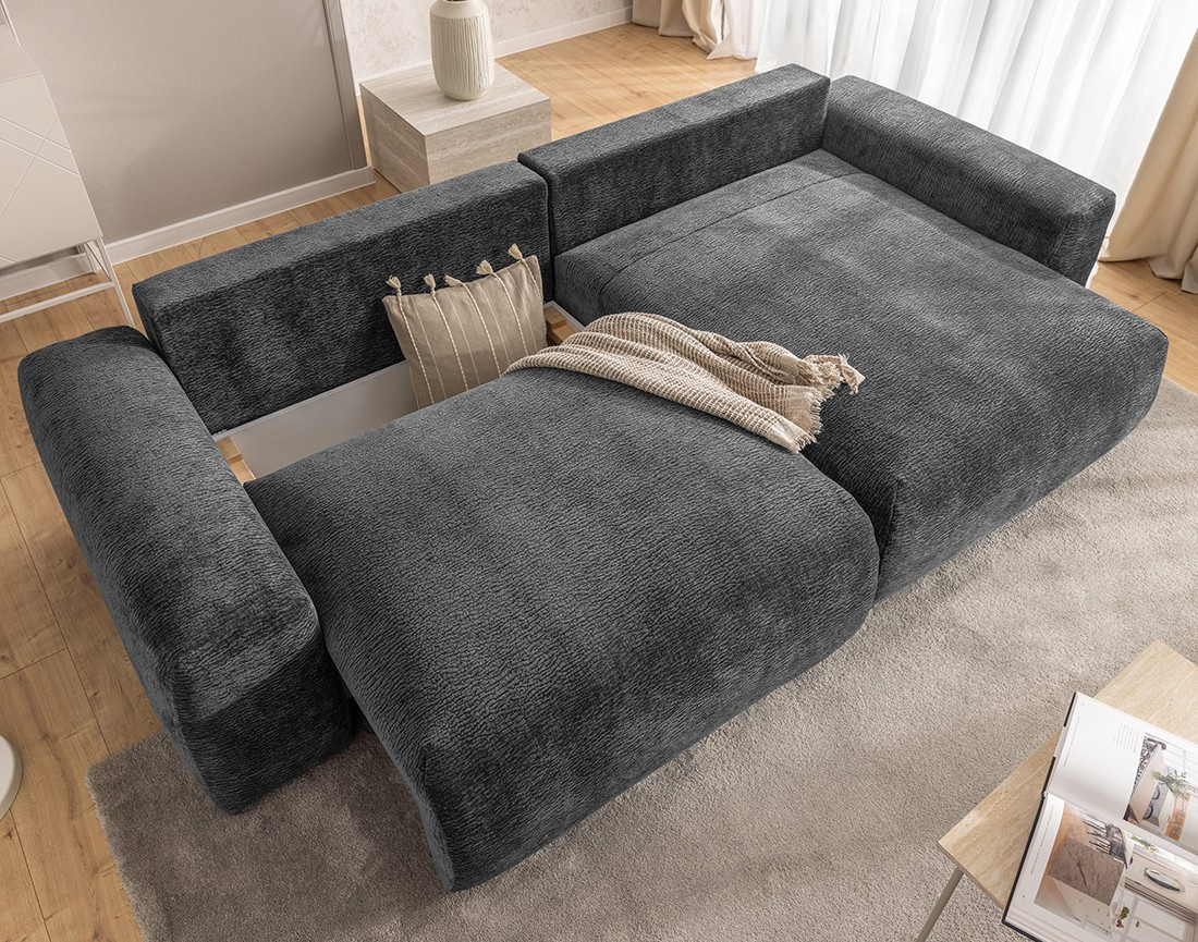 Canapé d'angle réversible 4 places convertible avec coffre en velours relief Constance