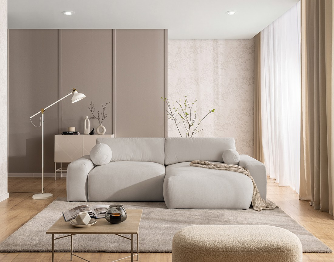 Canapé d'angle réversible 4 places convertible avec coffre en tissu Constance