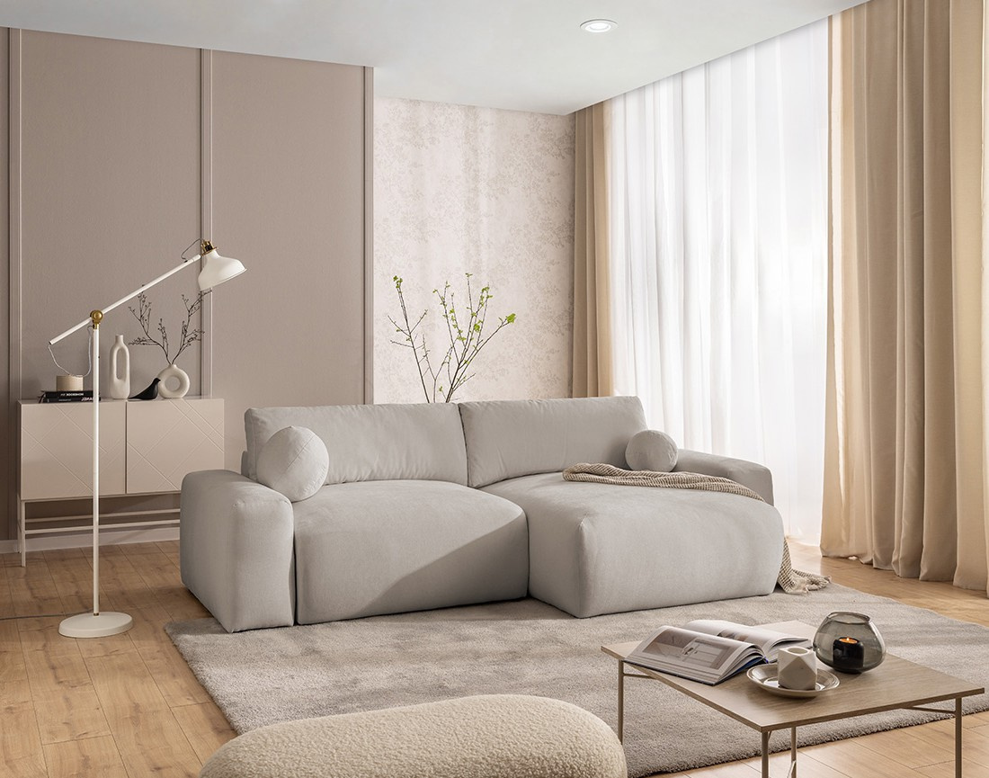 Canapé d'angle réversible 4 places convertible avec coffre en tissu Constance