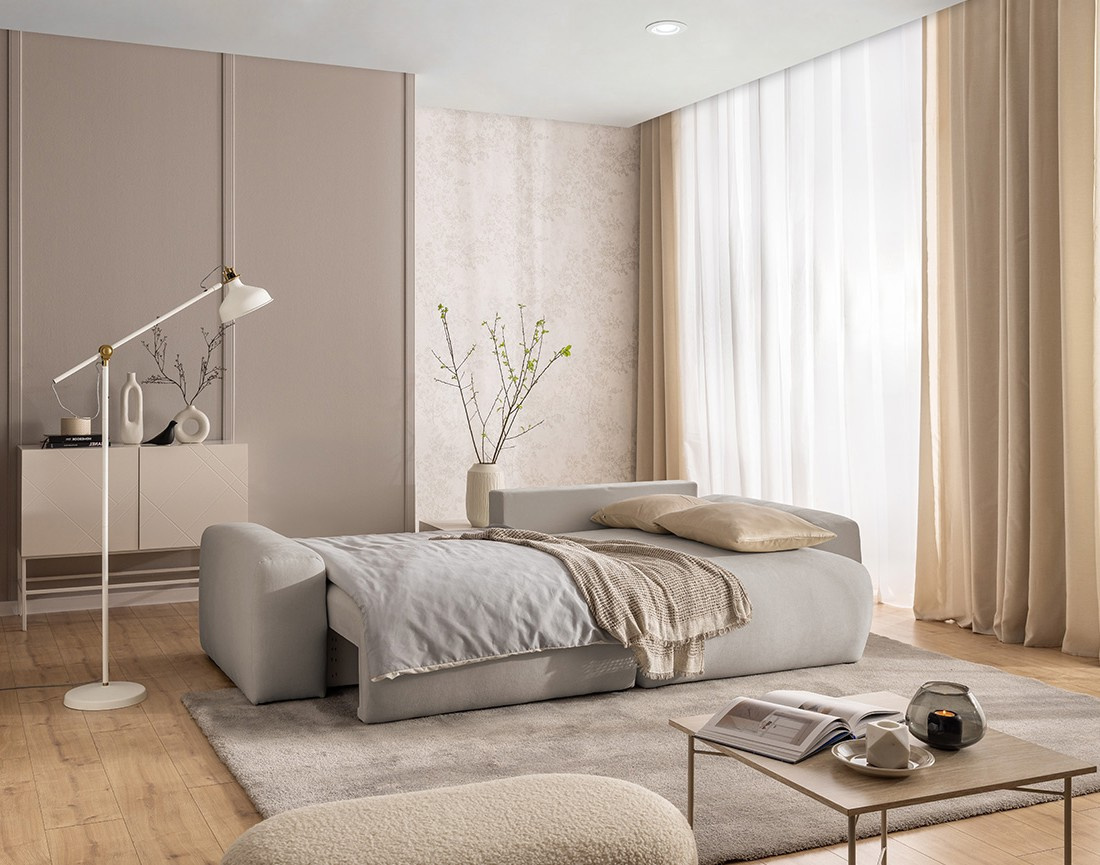 Canapé d'angle réversible 4 places convertible avec coffre en tissu Constance