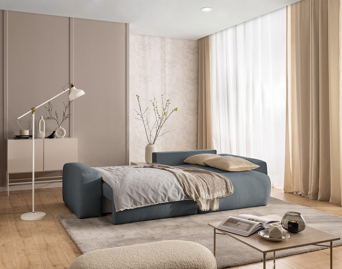 Canapé d'angle réversible 4 places convertible avec coffre en tissu Constance