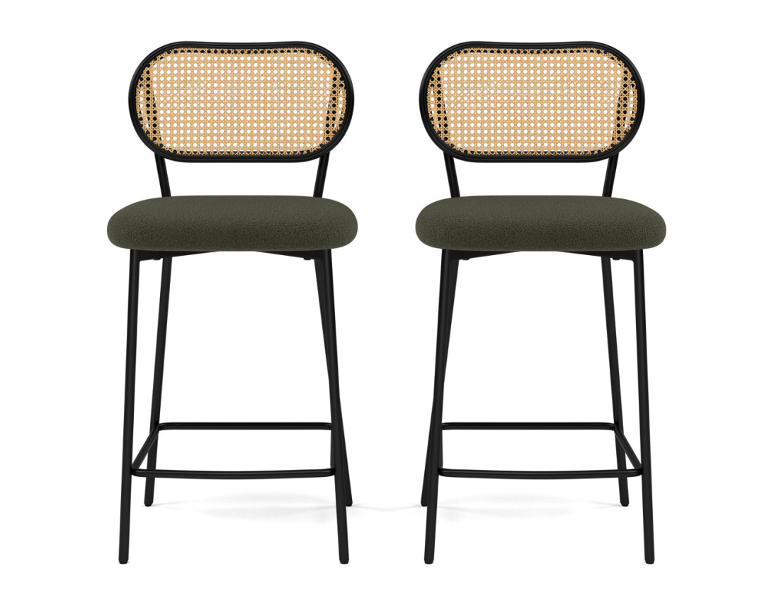 Lot de 2 tabourets cannage dossier arrondi en tissu bouclette Luciano