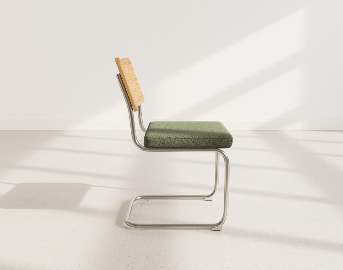 Lot de 2 chaises Damiano - tissu bouclette, dossier cannage et pieds effet chromé