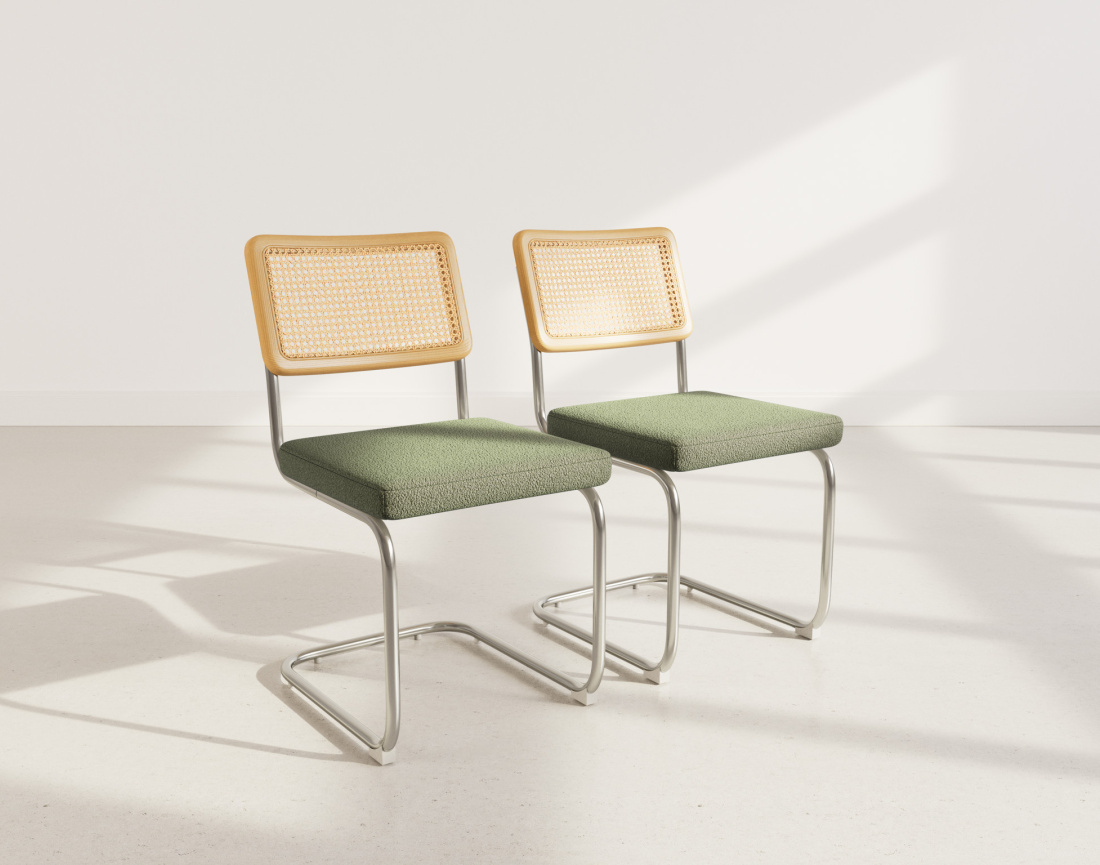 Lot de 2 chaises Damiano - tissu bouclette, dossier cannage et pieds effet chromé
