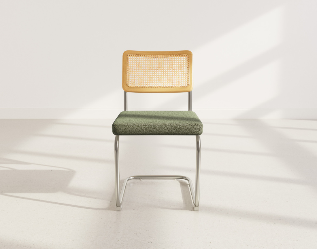 Lot de 2 chaises Damiano - tissu bouclette, dossier cannage et pieds effet chromé