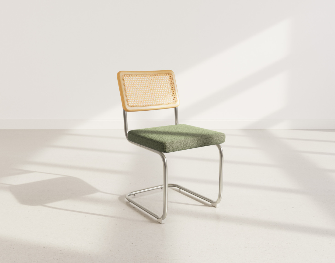 Lot de 2 chaises Damiano - tissu bouclette, dossier cannage et pieds effet chromé