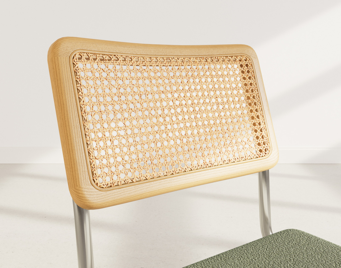 Lot de 2 chaises Damiano - tissu bouclette, dossier cannage et pieds effet chromé