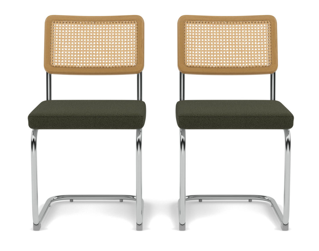 Lot de 2 chaises Damiano - tissu bouclette, dossier cannage et pieds effet chromé