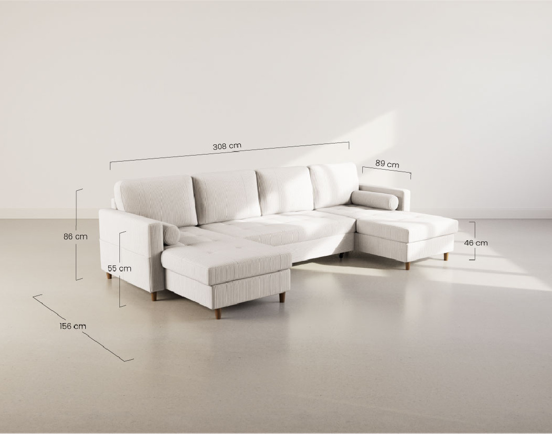 Canapé panoramique en U 7 places convertible avec coffre en velours côtelé Marceau