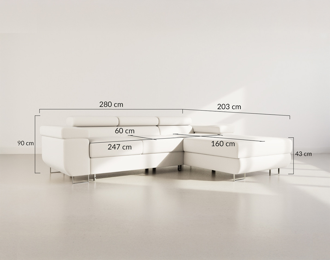 Canapé d'angle droit 6 places convertible avec coffre et têtières réglables en velours Pablo