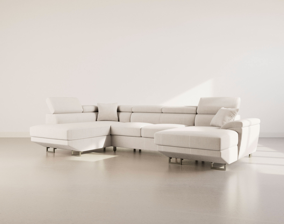 Canapé panoramique d'angle gauche 7 places convertible avec têtières et coffre en velours côtelé Baoji