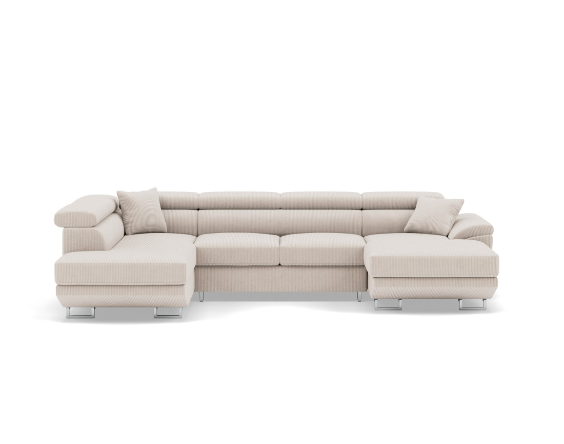 Canapé panoramique d'angle gauche 7 places convertible avec têtières et coffre en velours côtelé Baoji