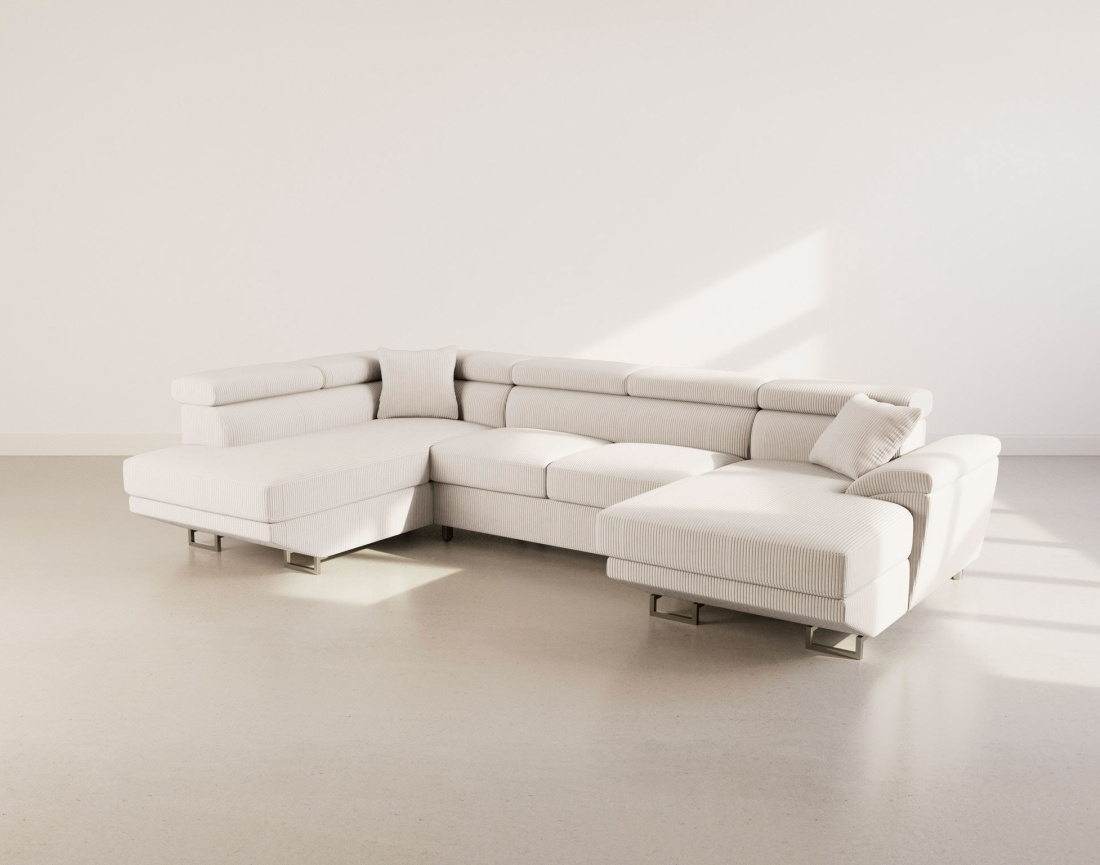 Canapé panoramique d'angle gauche 7 places convertible avec têtières et coffre en velours côtelé Baoji