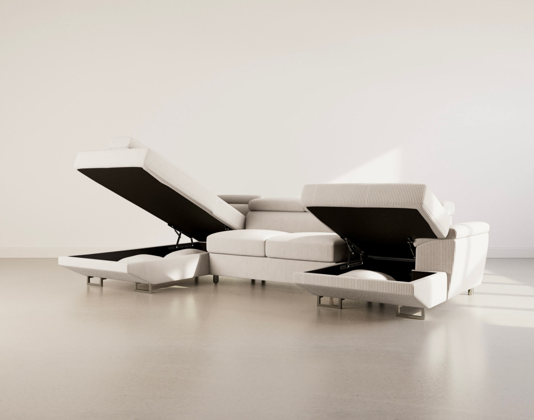 Canapé panoramique d'angle gauche 7 places convertible avec têtières et coffre en velours côtelé Baoji