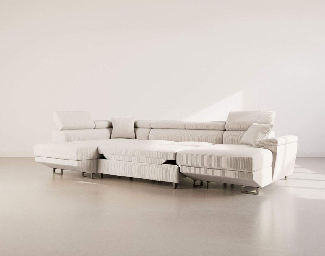 Canapé panoramique d'angle gauche 7 places convertible avec têtières et coffre en velours côtelé Baoji