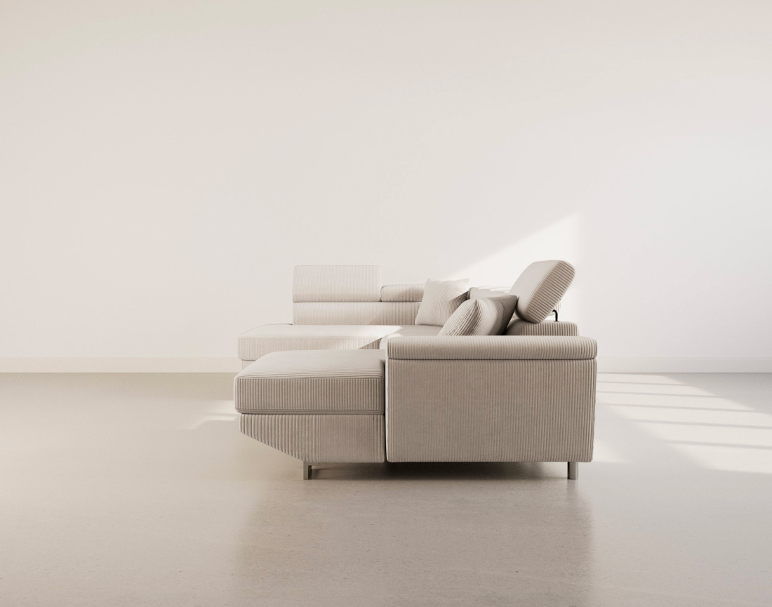 Canapé panoramique d'angle gauche 7 places convertible avec têtières et coffre en velours côtelé Baoji