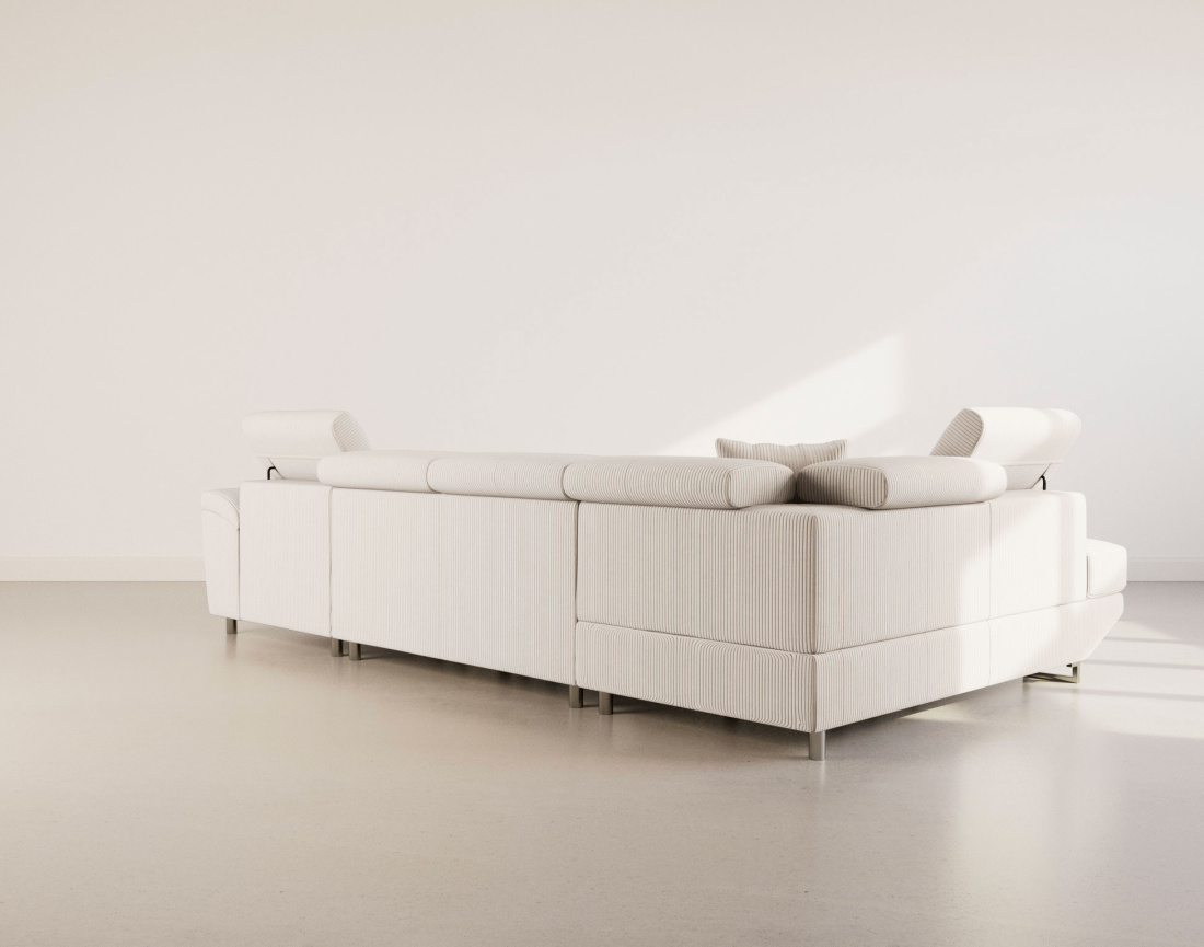 Canapé panoramique d'angle gauche 7 places convertible avec têtières et coffre en velours côtelé Baoji