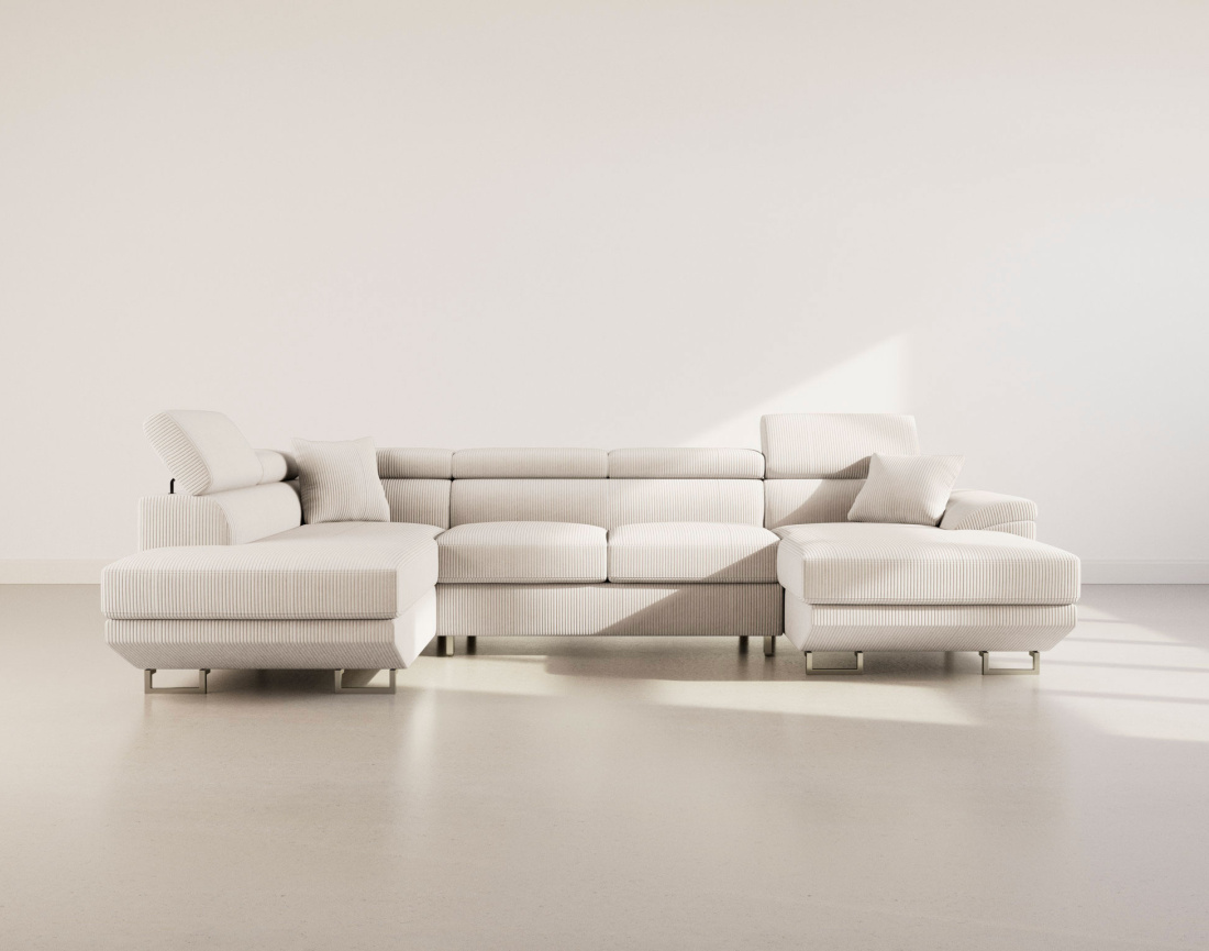 Canapé panoramique d'angle gauche 7 places convertible avec têtières et coffre en velours côtelé Baoji