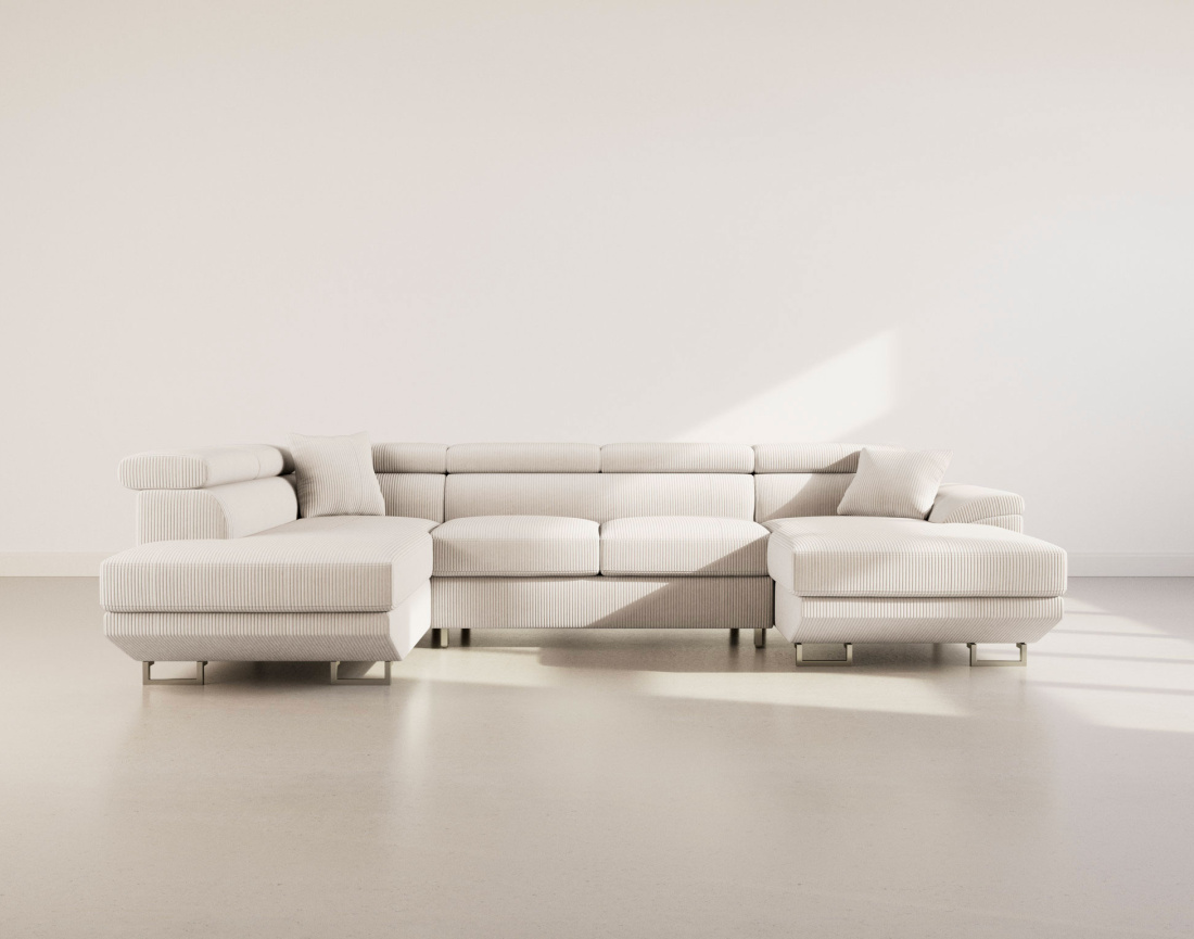 Canapé panoramique d'angle gauche 7 places convertible avec têtières et coffre en velours côtelé Baoji