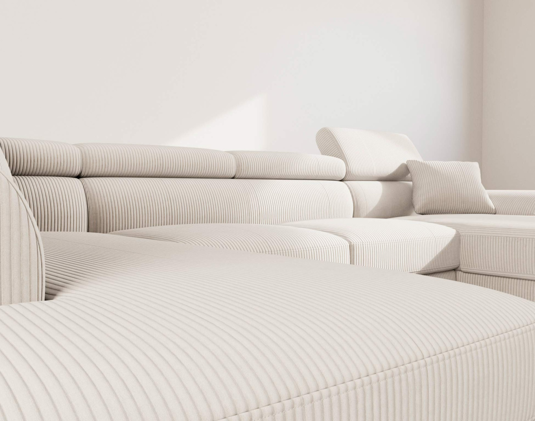 Canapé panoramique d'angle gauche 7 places convertible avec têtières et coffre en velours côtelé Baoji