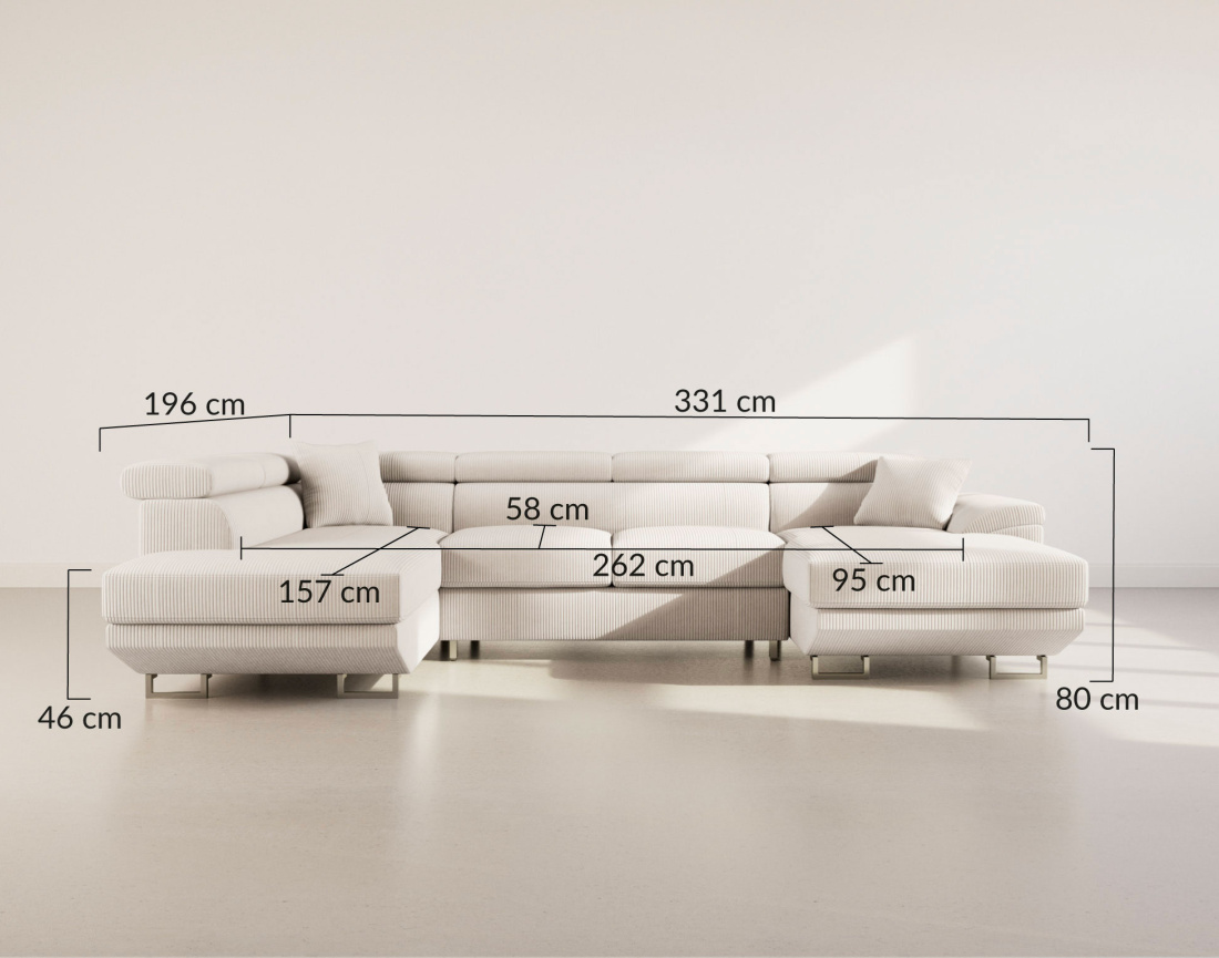 Canapé panoramique d'angle gauche 7 places convertible avec têtières et coffre en velours côtelé Baoji