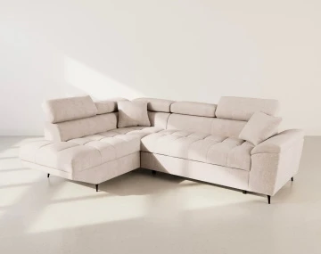 Canapé d'angle gauche 5 places convertible avec têtières et coffre en velours texturé Camille