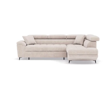 Canapé d'angle droit 5 places convertible avec têtières et coffre en velours texturé Camille