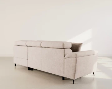 Canapé d'angle droit 5 places convertible avec têtières et coffre en velours texturé Camille