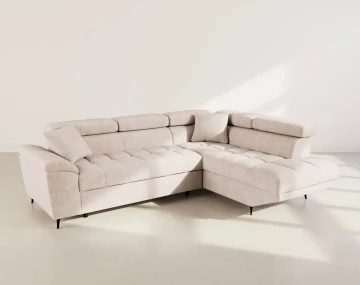 Canapé d'angle droit 5 places convertible avec têtières et coffre en velours texturé Camille