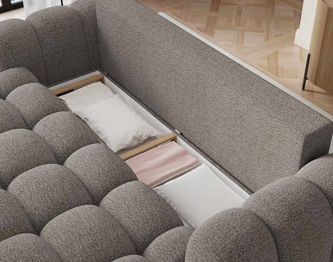 Canapé droit 3 places convertible avec coffre en tissu bouclette Dorian