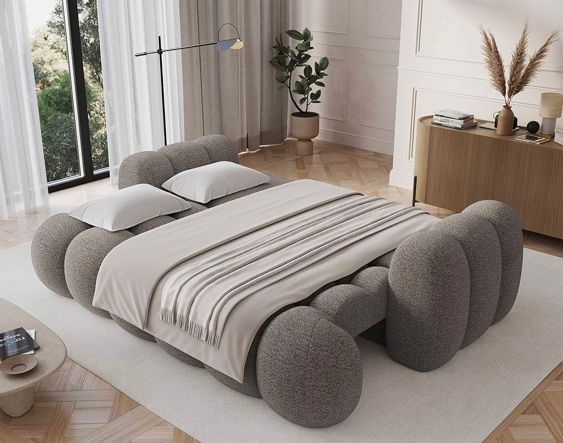 Canapé droit 3 places convertible avec coffre en tissu bouclette Dorian