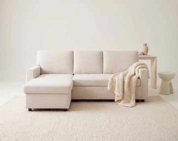 Canapé d’angle réversible 4 places convertible avec coffre en tissu bouclette Meiya
