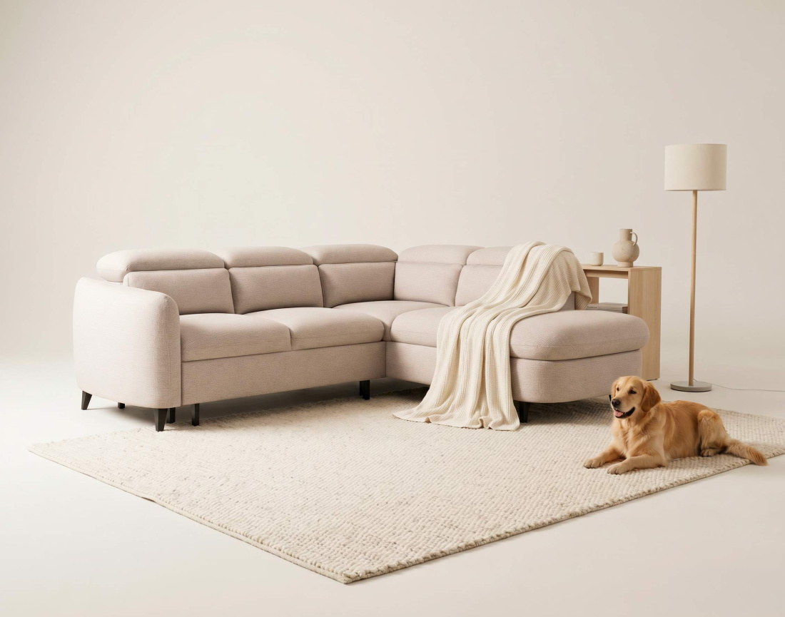 Canapé d'angle droit 5 places convertible avec têtières et coffre en tissu texturé Opaline