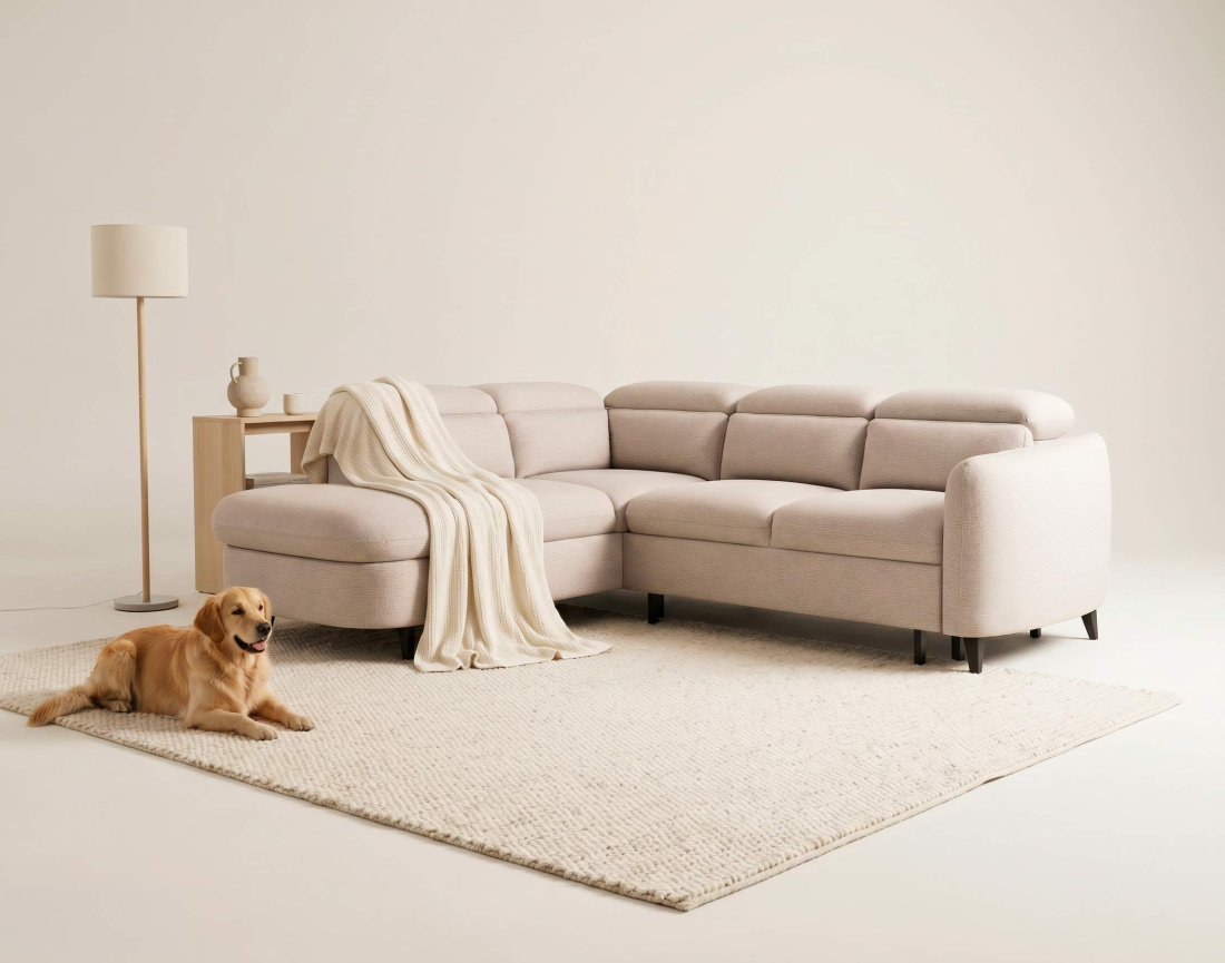 Canapé d'angle gauche 5 places convertible avec têtières et coffre en tissu texturé Opaline