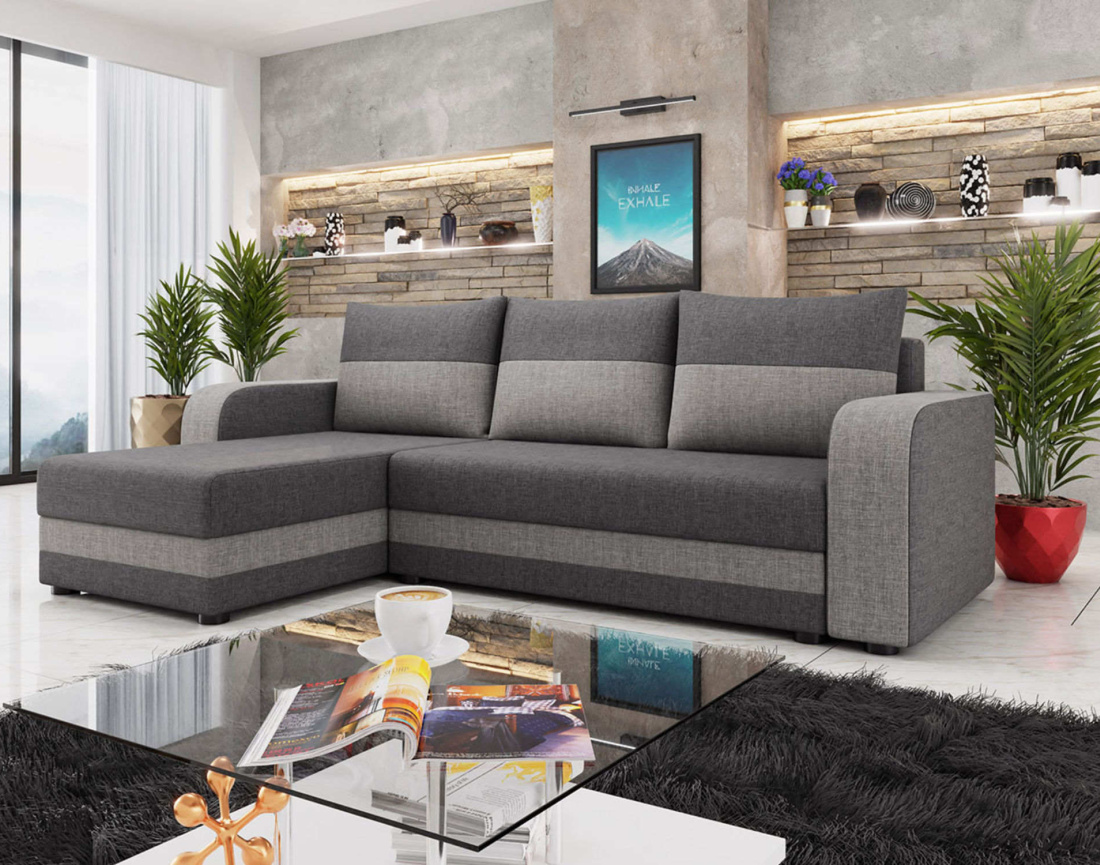 Canapé d'angle réversible 4 places convertible avec coffre en tissu bicolore Harvey