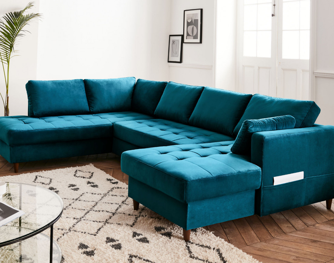 Canapé panoramique d'angle gauche 7 places convertible avec coffre en velours Anna