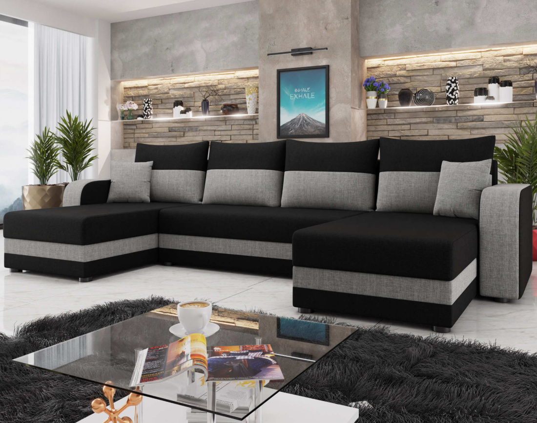 Harvey - canapé panoramique en U 7 places convertible avec coffre en tissu