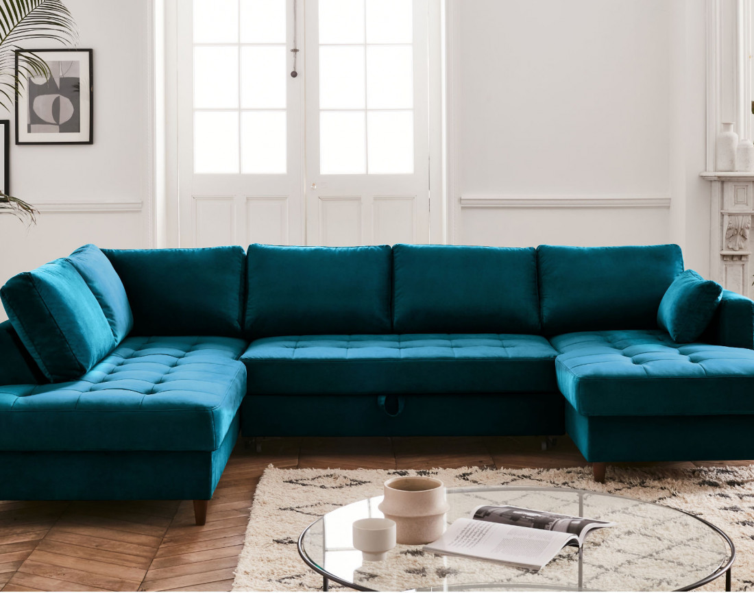 Canapé panoramique d'angle gauche 7 places convertible avec coffre en velours Anna